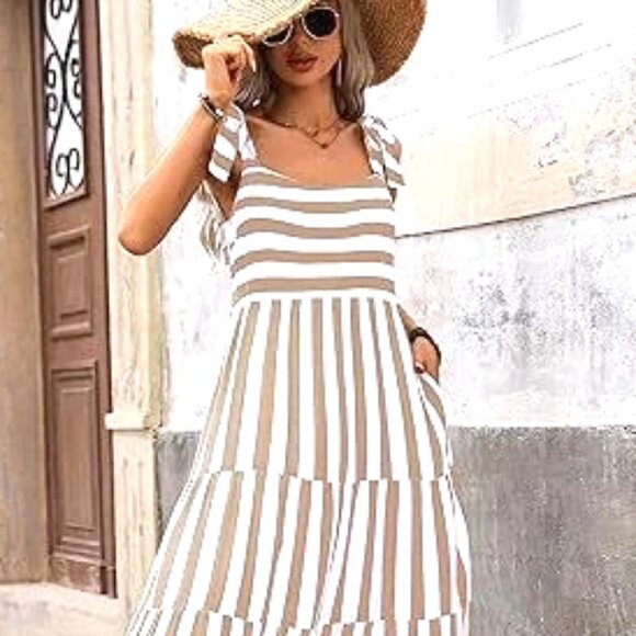 BROWN AND WHITE THREE TIER ALTERNATING STRIPES EMPIRE WAIST MAXI DRESS SIZE M - Picture 6 of 7